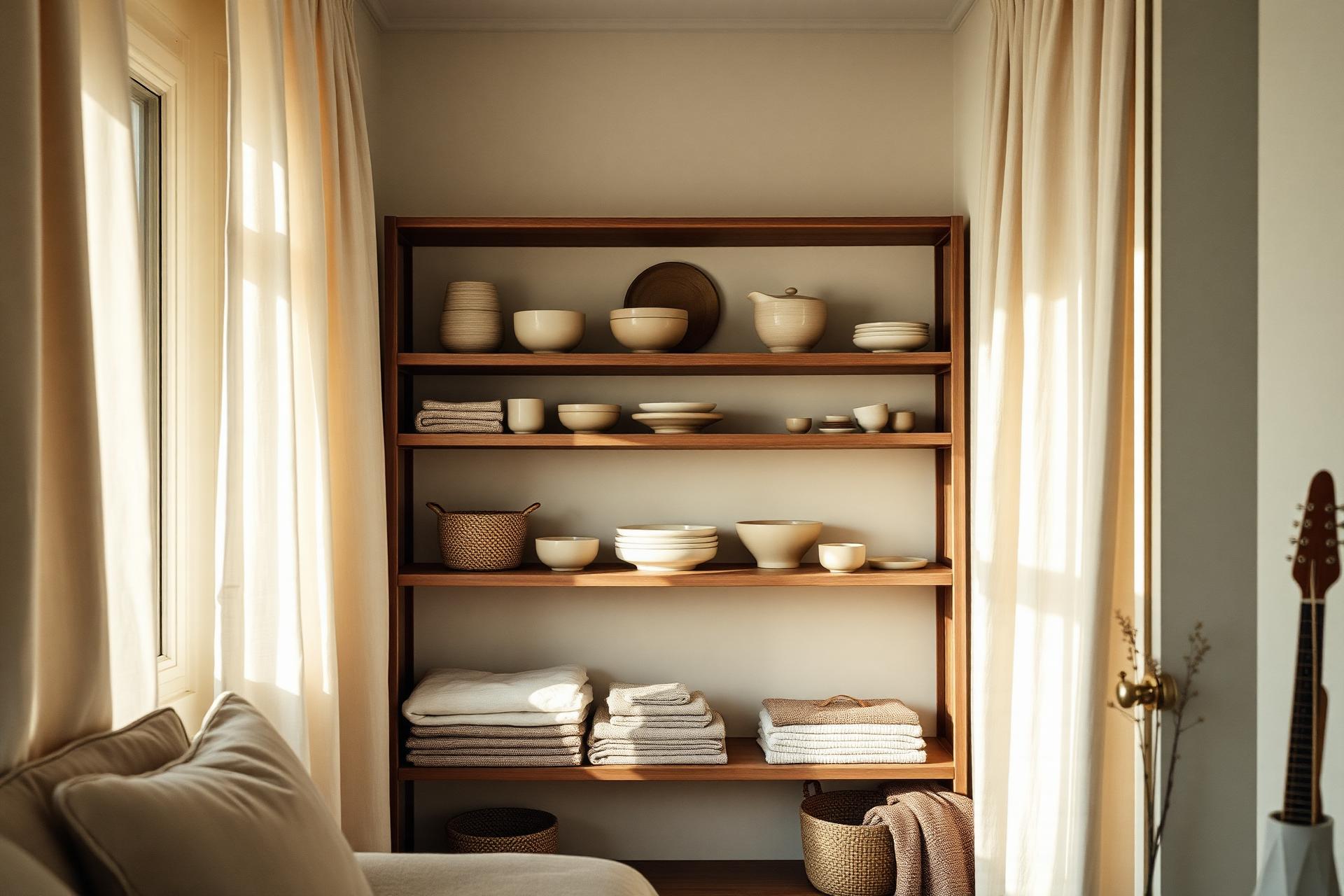 Sunlit, calmly organized shelving with linens and ceramics